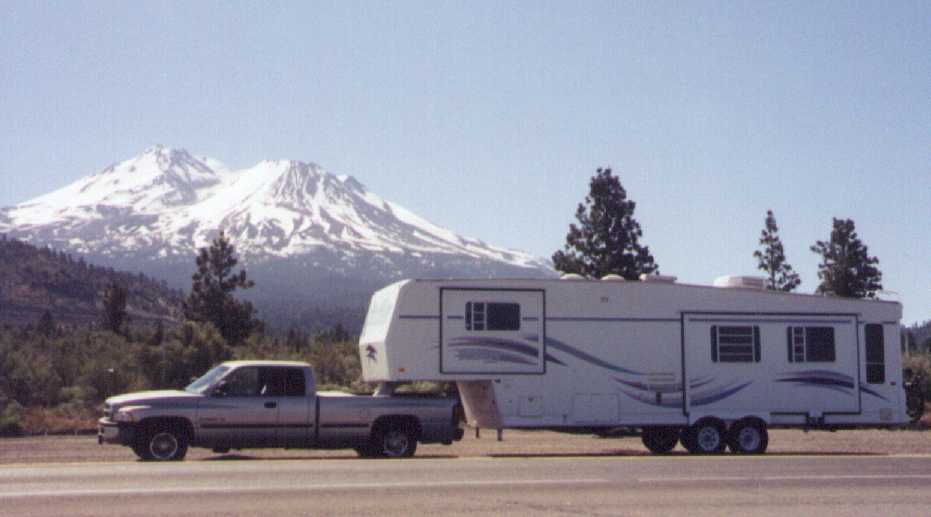 [Our Fifth Wheel and Mt. Shasta]